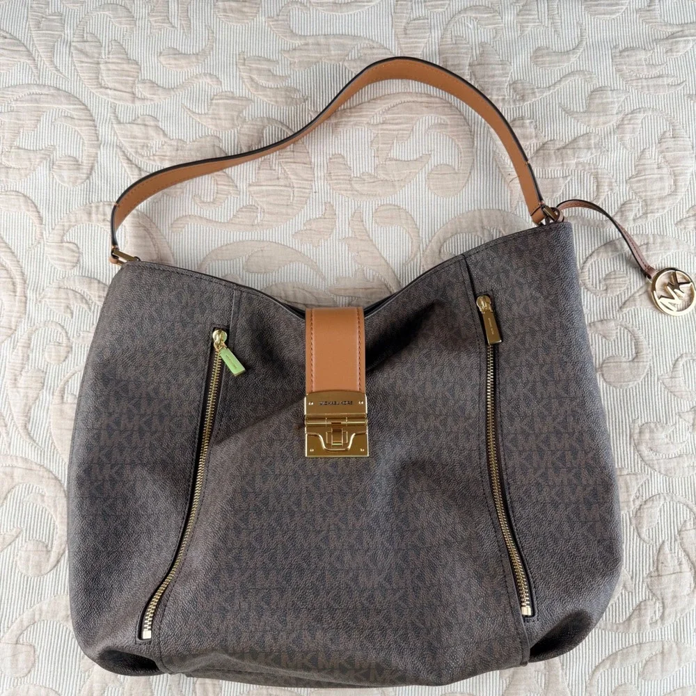 Michael Kors Addie Large Hobo Bag Brown Signature Logo Leather Trim Gold